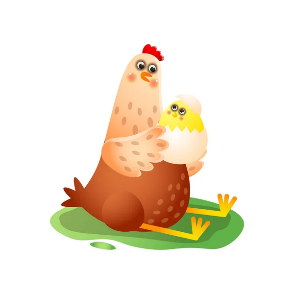 Hen sitter med liten kläckt Chick i ägg isolerad på vit bakgrund — Stock vektor