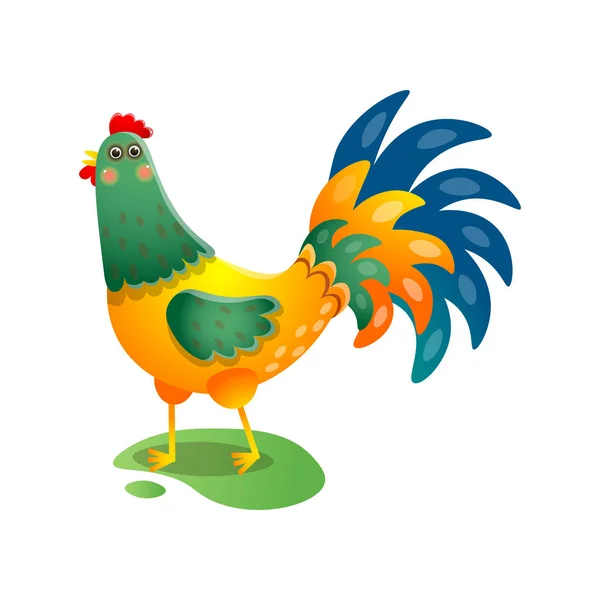 Crowing rooster with beautiful tail on the field with green grass over white — Stock Vector