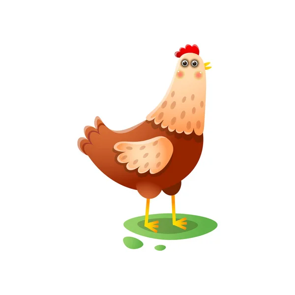 Cute kawai hen standing walking on green farmyard — Stock Vector