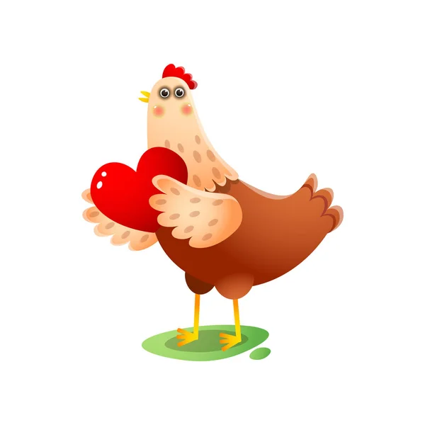Mignon kawai poule avec grand coeur rouge dans les ailes sur fond blanc — Image vectorielle