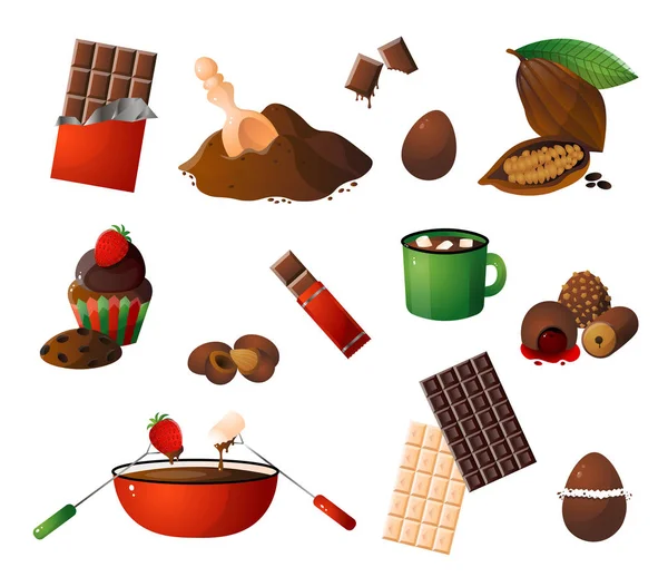 Piezas, virutas de chocolate, diferentes dulces de choco y conjunto de frutas de cacao — Archivo Imágenes Vectoriales