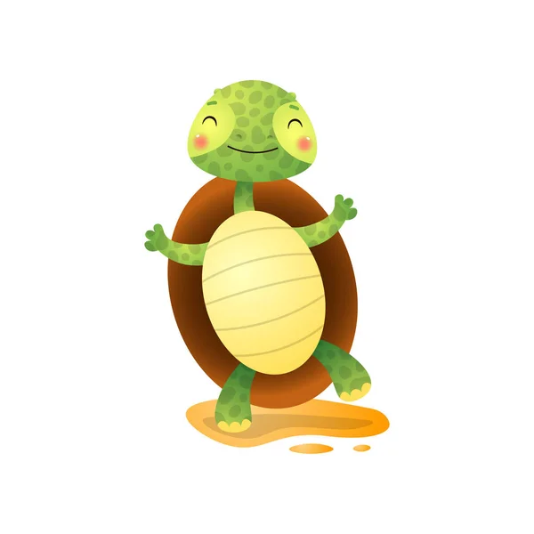 Szczęśliwy uśmiechnięty Kawai żółw taniec na żółty wysłać stojący na dwa nogi — Zdjęcie stockowe