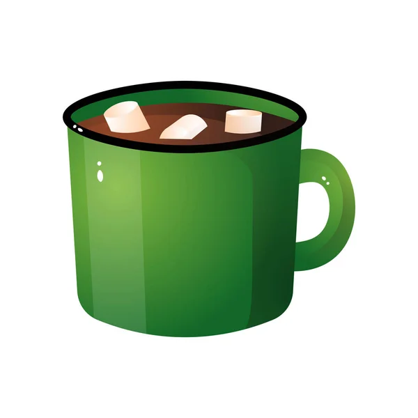 Гарячий шоколад з білим зефіром у зеленому кубку — стоковий вектор