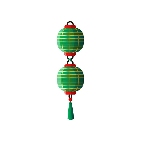 이중 구와 체크 무늬 패턴이 있는 녹색 중국 종이 하늘 랜 턴 — 스톡 벡터