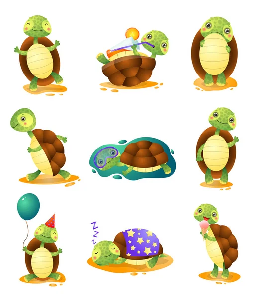 Lindas tortugas divertidas en diferentes poses conjunto aislado sobre fondo blanco — Vector de stock