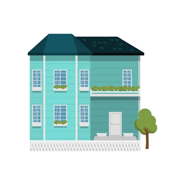 Τιρκουάζ χρώμα δύο ορόφων σπίτι με μπαλκόνι απομονώνεται σε λευκό φόντο — Διανυσματικό Αρχείο