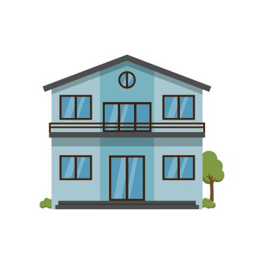 Modern açık mavi iki katlı ev ile balkon yalak ikinci kat izole beyaz arka plan