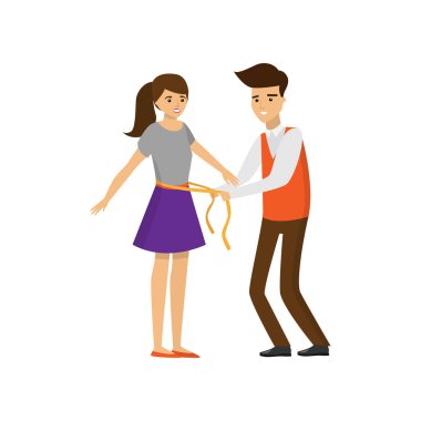 Beyaz arka planda izole kadın müşteri ölçme erkek tasarımcı terzilik