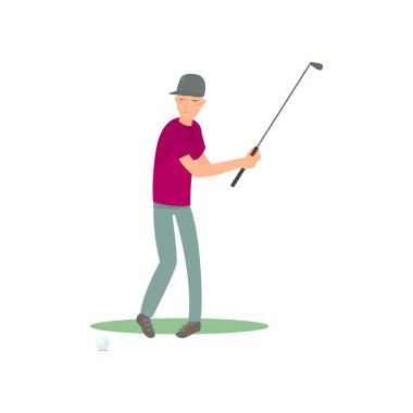 Memnun golf oyuncusu tekme topu kafa üzerinde beyaz arka plan üzerinde izole kulüp salladı