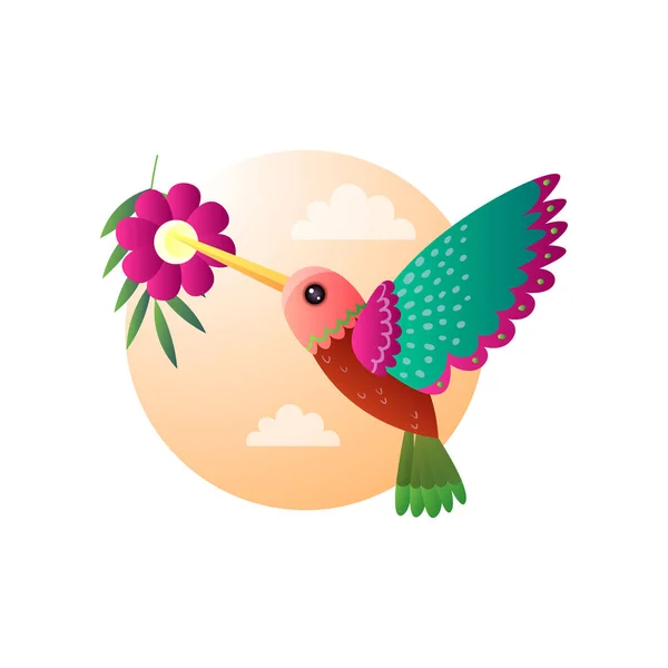 Зеленая красная птичка колибри с ярким оперением летит к розовому цветку — стоковый вектор
