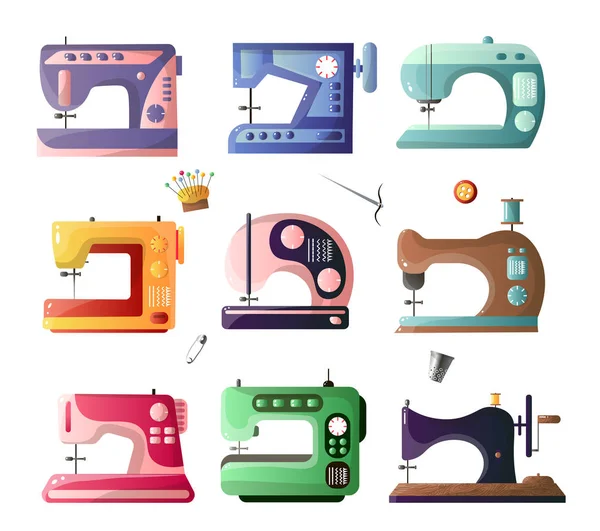 Máquinas de coser con diferentes opciones establecidas aisladas sobre fondo blanco — Archivo Imágenes Vectoriales