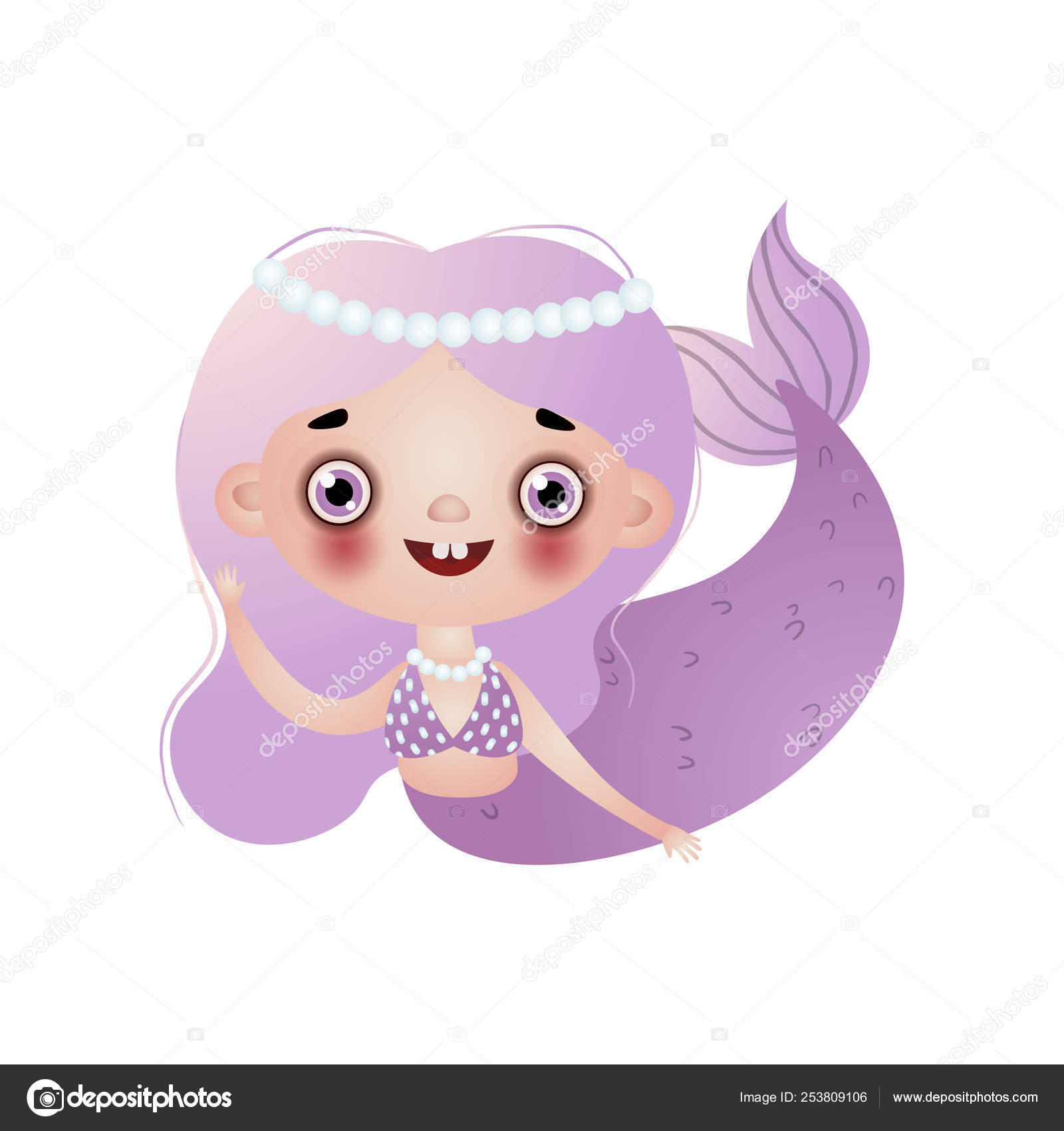 Cute Smiling Mermaid Girl With Violet Long Wavy Hair And Beads On