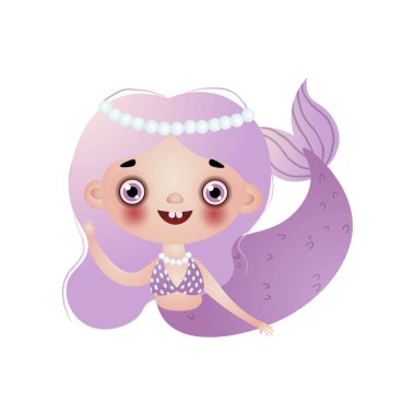 Sevimli gülümseyen deniz kızı kız Menekşe uzun dalgalı saçlı ve beyaz arka plan üzerinde izole kafa üstündeki