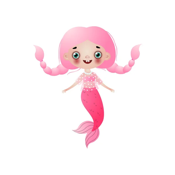 Cute smiling mermaid girl with pink long hair braided bunches isolated on white background — Stock Vector