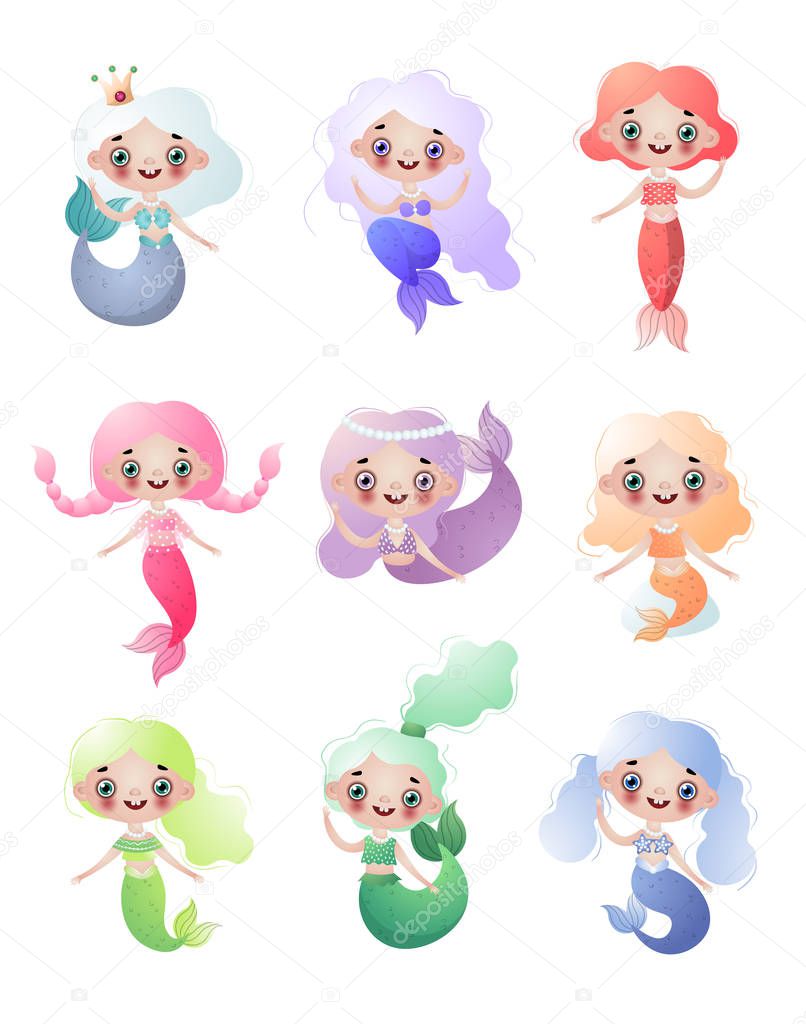 Flat Set of cute mermaids girls isolated on white background