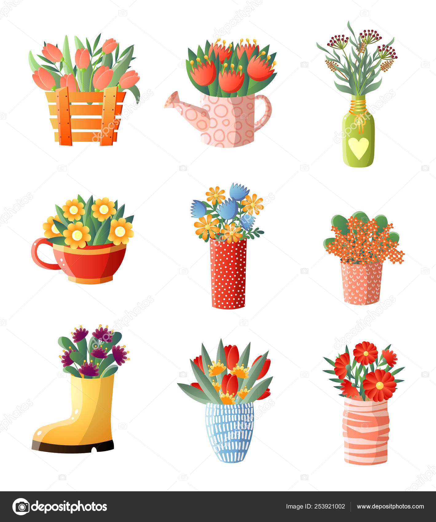 Floral Composition Set Flowers In Vase Different Shapes And Size