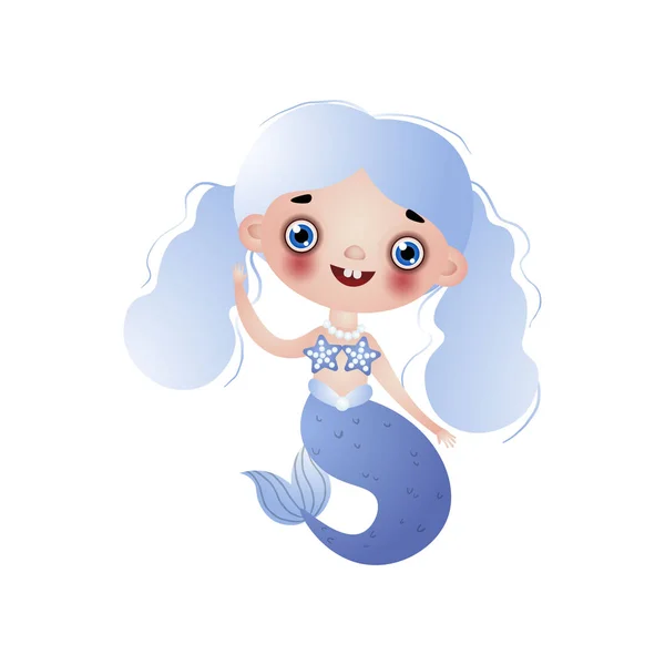 Cute smiling mermaid girl with blue wavy knotted hair isolated on white background — Stock Vector