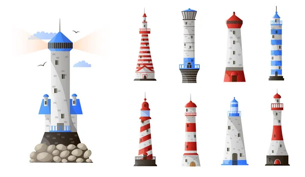 白い背景に分離された漫画灯台種類セット — ストックベクタ