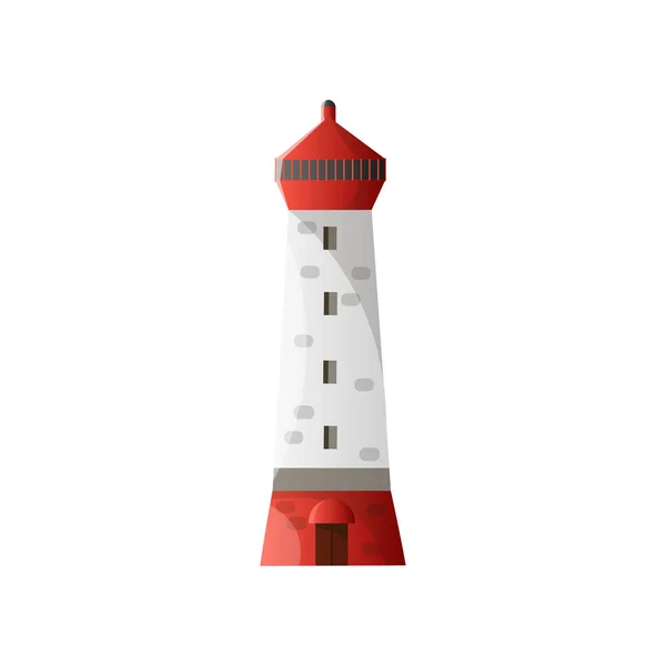 Weißer Leuchtturm mit Schatten, rotem Dach und Fundament in flacher Bauweise isoliert auf weißem Hintergrund — Stockvektor