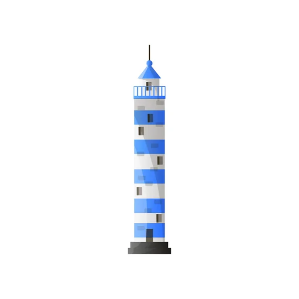 Phare blanc à rayures bleues avec ombre au design plat isolé sur fond blanc — Image vectorielle