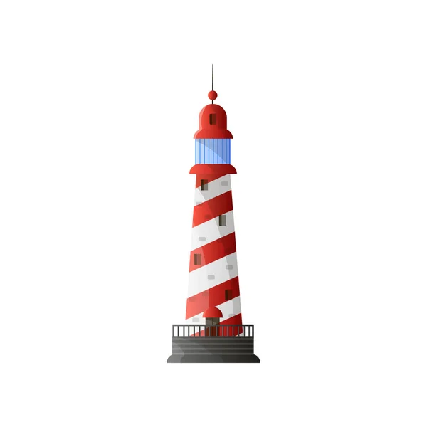 Phare conique blanc avec ombre, rayures diagonales rouges et fond de teint gris au design plat — Image vectorielle