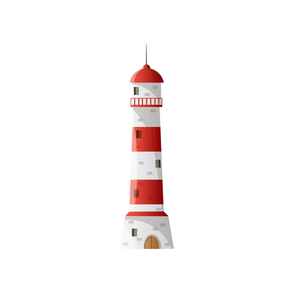 White lighthouse with shadow, wide red horizontal stripes in flat design — Stock Vector