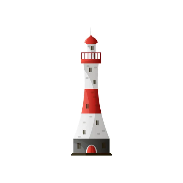 Phare rouge blanc avec ombre et sommet sur le toit dans un design plat — Image vectorielle