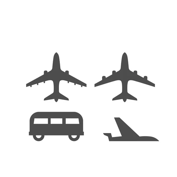 Plochá mapa známky letadla v různých pozicích a autobus izolovaných na bílém pozadí — Stockový vektor