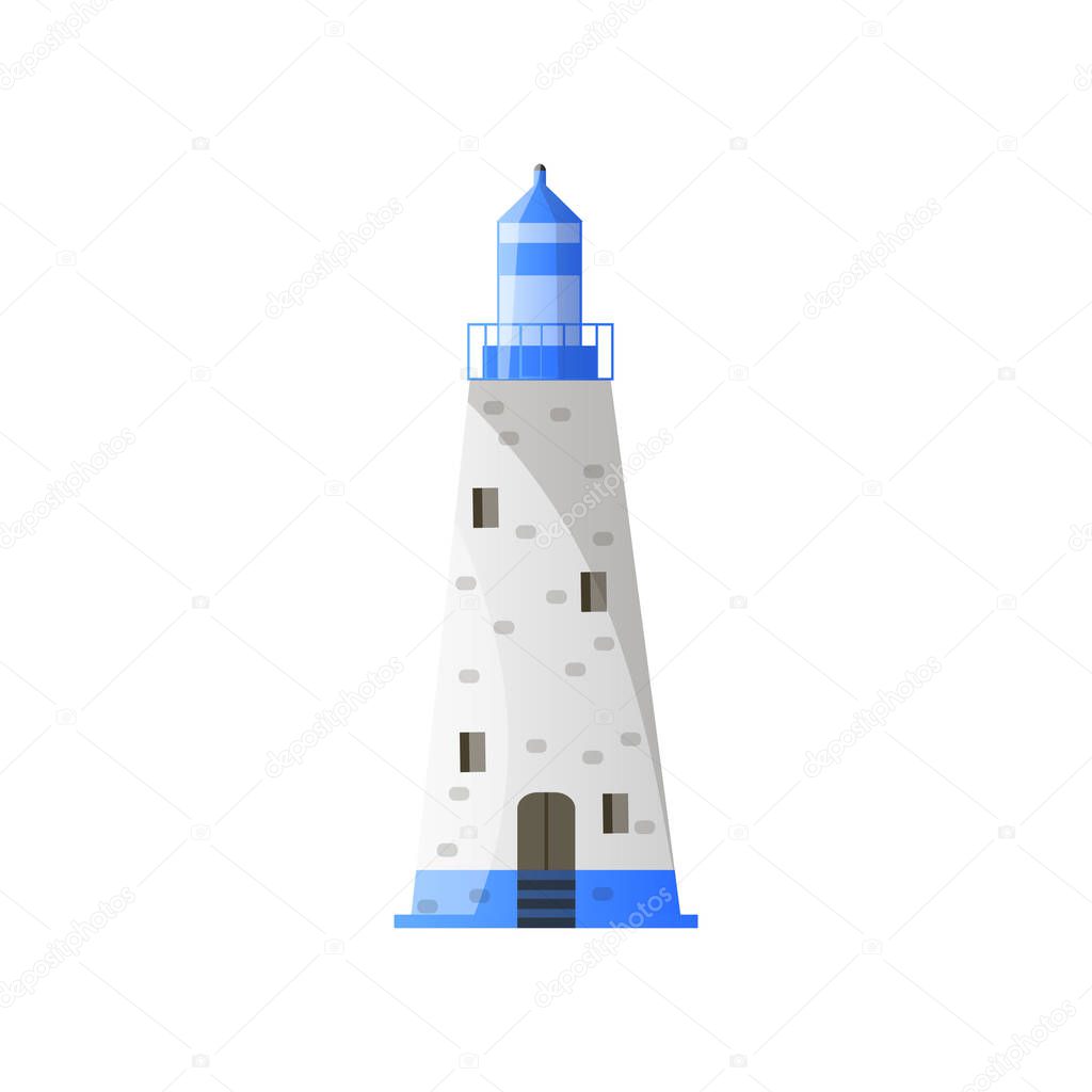 White conic lighthouse with shadow, blue roof and wide foundation in flat design isolated on white. Classic guiding light house building maritime navigation guidance ocean Sea beacon searchlight tower