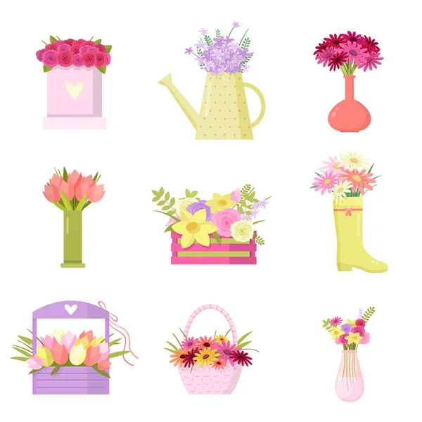 Ensemble floral de bouquets colorés dans différents vases sur blanc — Image vectorielle