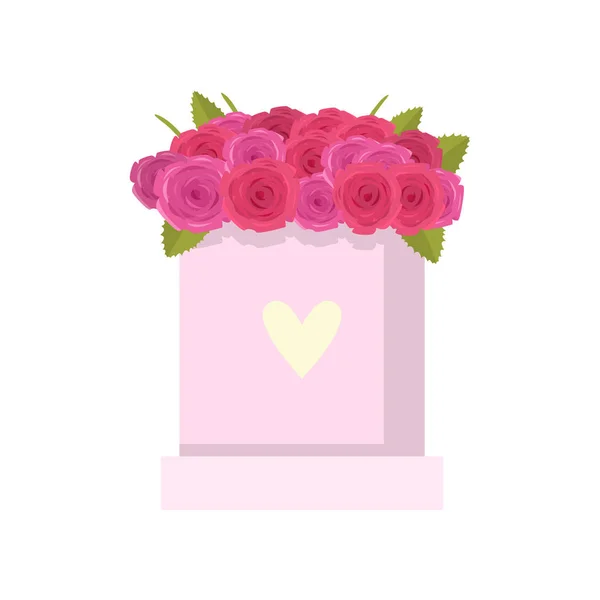 Krásnou kytici růží v různých odstínech růžové v elegantní krabici přes bílý — Stockový vektor