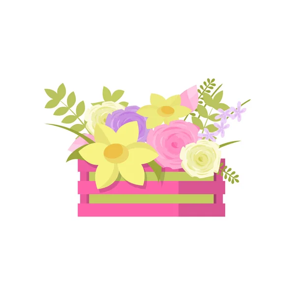 美丽多彩的花组成花束在粉红色的木箱在白色 — 图库矢量图片
