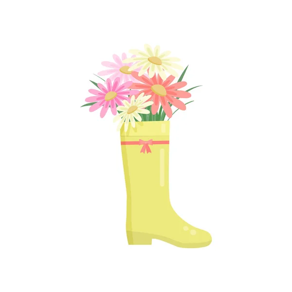 Buquê de composição de flores coloridas bonitas em botas de chuva amarelas sobre branco — Vetor de Stock