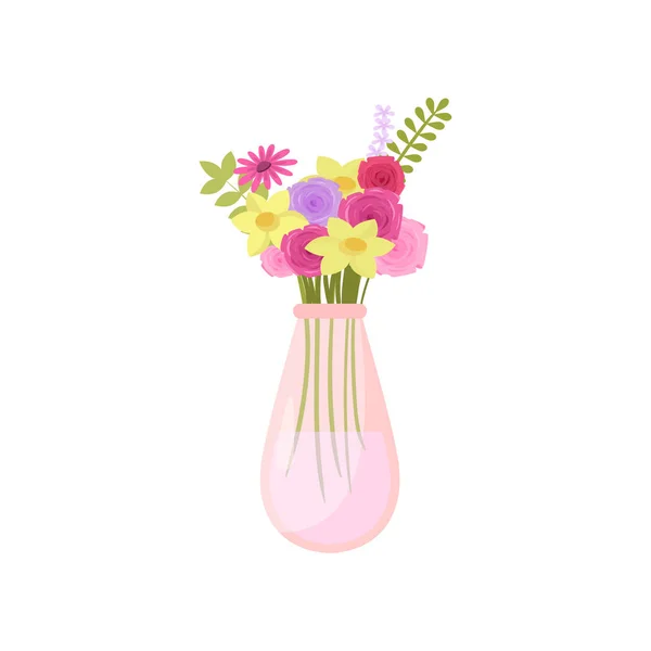 Hermoso ramo de composición de flores de colores en jarrón transparente sobre blanco — Vector de stock