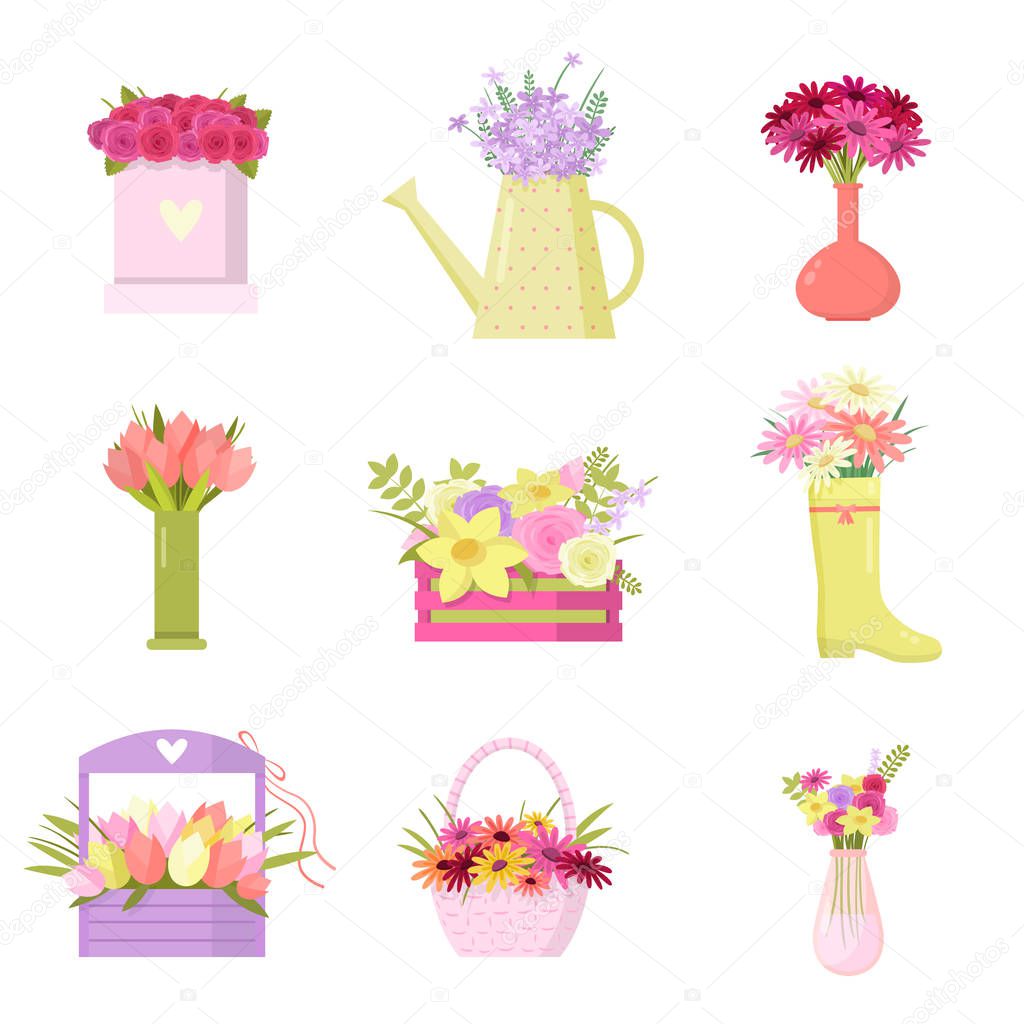 Floral set of colorful bouquets in different vases over white