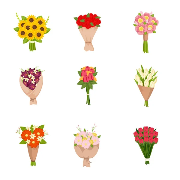 Святкові подарункові букети квітів іконки, встановлені на порожньому тлі — стоковий вектор