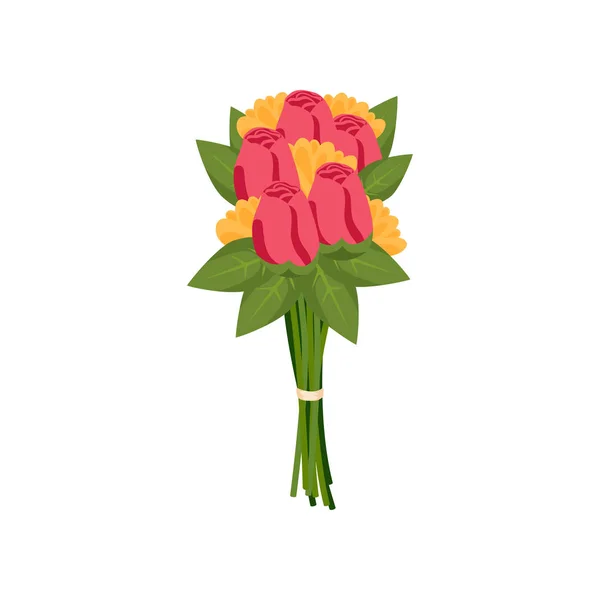 Εορταστικό δώρο μπουκέτο με ροζ tulip διακοσμημένα με κίτρινα λουλούδια, πράσινα φύλλα δεμένα με κορδέλα — Διανυσματικό Αρχείο
