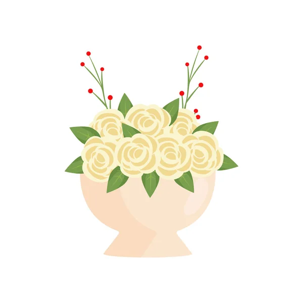 在空白的背景的花瓶的美丽的象牙颜色的花构成 — 图库矢量图片