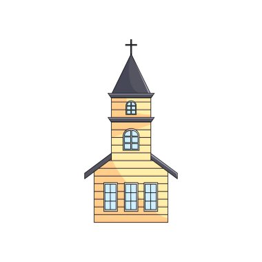 Wooden church with spire cross on roof over empty background clipart