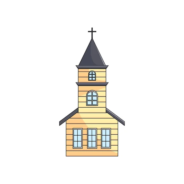 Igreja de madeira com torre cruz no telhado sobre fundo vazio —  Vetores de Stock