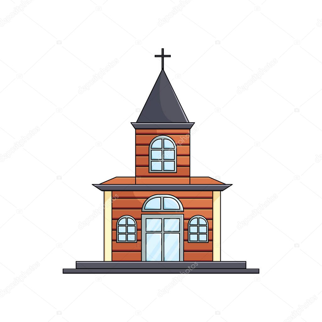 Wooden church with cross on roof over empty background