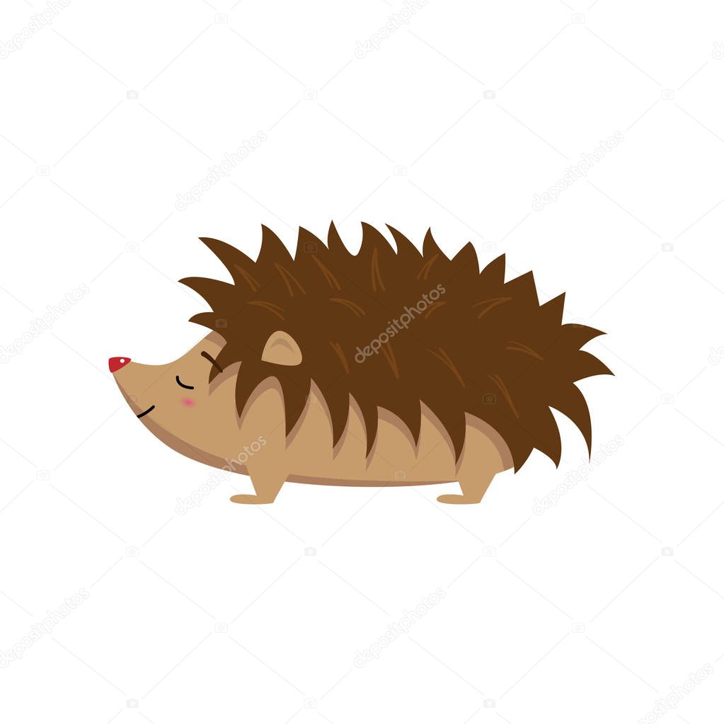 Smiling happy hedgehog standing with closed eyes isolated on white background. Forest animal character in cartoon style. Side view. Wildlife nature concept. Greeting card