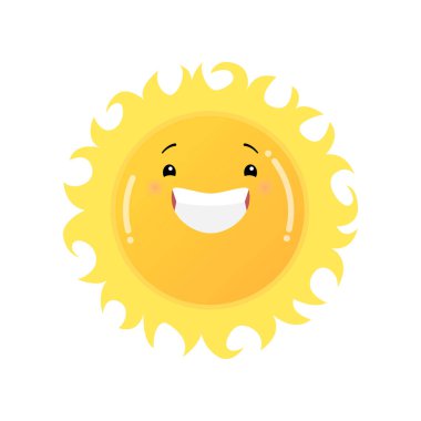 Beyaz arka plan üzerinde izole sarı güneşin emoji etiket gülüyor gülümseyen