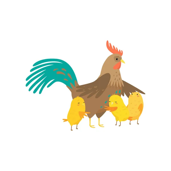 Hahn mit drei kleinen gelben Hühnern isoliert auf weißem Hintergrund — Stockvektor