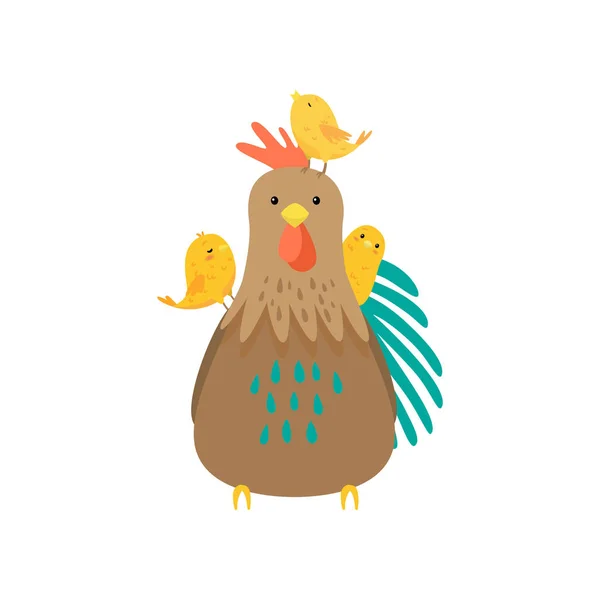 Cock with three small yellow chicks playing on his back isolated on white background — Stock Vector