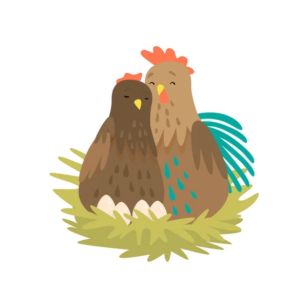 Coq et poule assis dans le nid avec des œufs isolés sur fond blanc — Image vectorielle