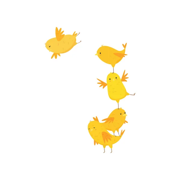 Feliz divertido lindo amarillo polluelos tener divertido aislado en blanco fondo — Vector de stock
