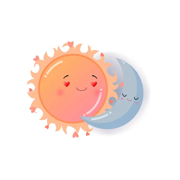 Oranje zon en blauwe maan in liefde emoji sticker geïsoleerd op witte achtergrond — Stockvector
