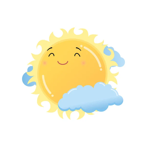Söt nöjd gula solen i moln emoji klistermärke isolerad på vit bakgrund — Stock vektor