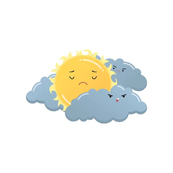Sorgliga gula solen mellan arg grå moln emoji klistermärke isolerad på vit — Stock vektor